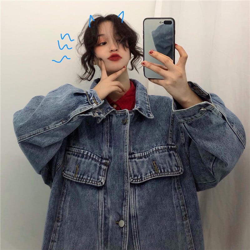 デニム ジャケット オーバーサイズ アウター l フロントジッパー 前開き 襟付き ポロ襟 ポケット付き 長袖 袖あり ゆったり ゆる ルーズ 大きめ 綿 コットン メンズライク ボーイッシュ