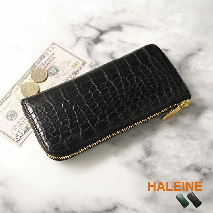 クロコダイル 長財布 日本製 L字ファスナー HALEINE レディース 鰐革 本革 財布 マット 加工 ゴールド 金具 アウトポケット 付き JRA ブランド アレンヌ プレゼント 母の日 ギフト