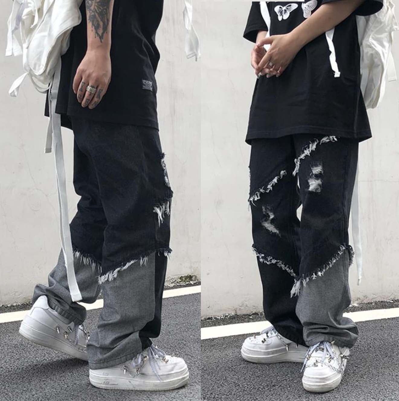 韓国発メンズファッションストリートダメージ加工デニムパンツワイドパンツ