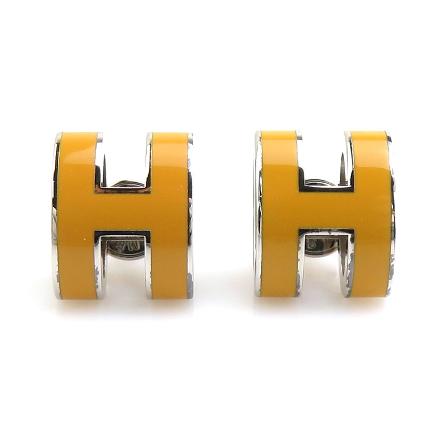 エルメス HERMES ピアス ミニ ポップH メタル/エナメル シルバー/イエロー レディース e60566j
