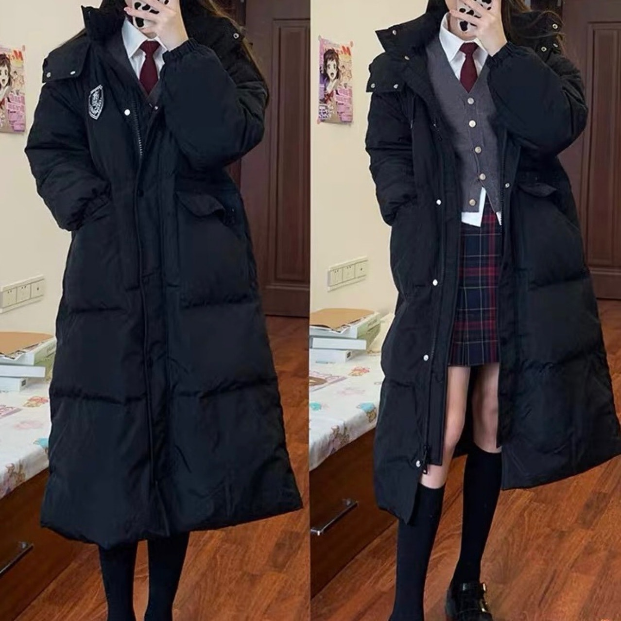 Jk ミドル丈膝上ダウンジャケット女性用韓国カレッジスタイルルーズフード付きホワイトダックダウン厚みのある冬コート