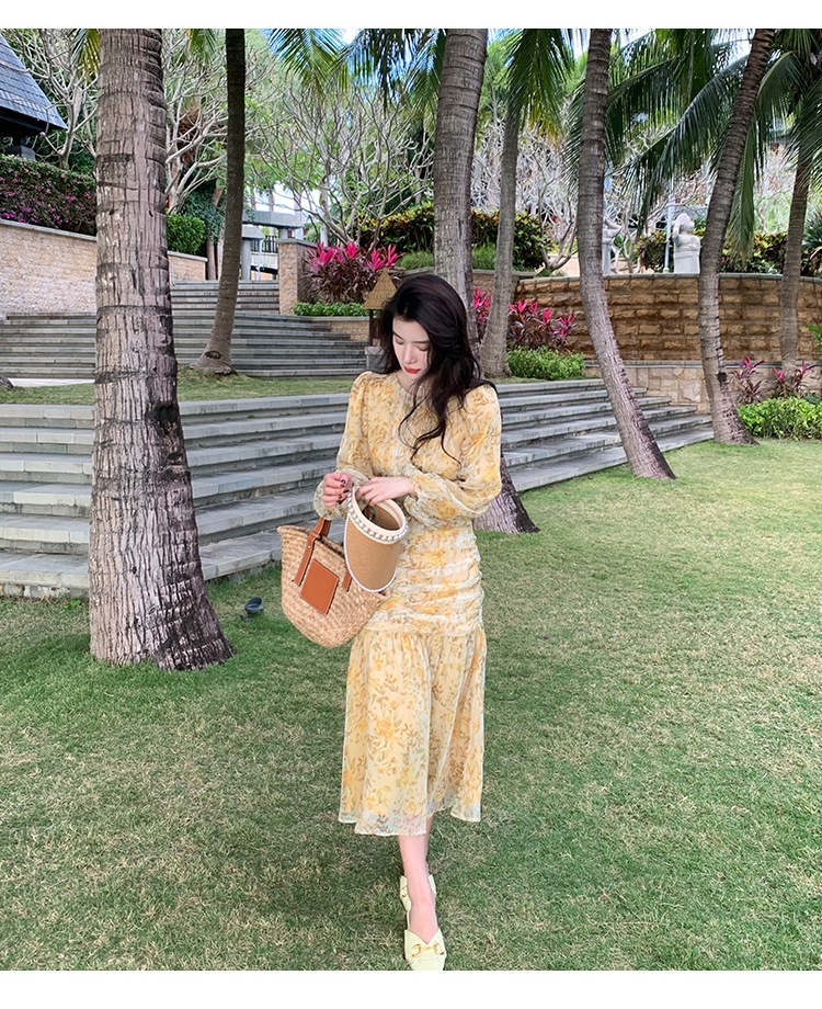 フレンチスタイル 花柄 ワンピース 秋 デザインセンス ナローウエスト スリム バッグ ヒップ マーメイド スカート イエロー ＳＭＬ かわいい 大人可愛い きれいめ シンプル カジュアル 大人 上品