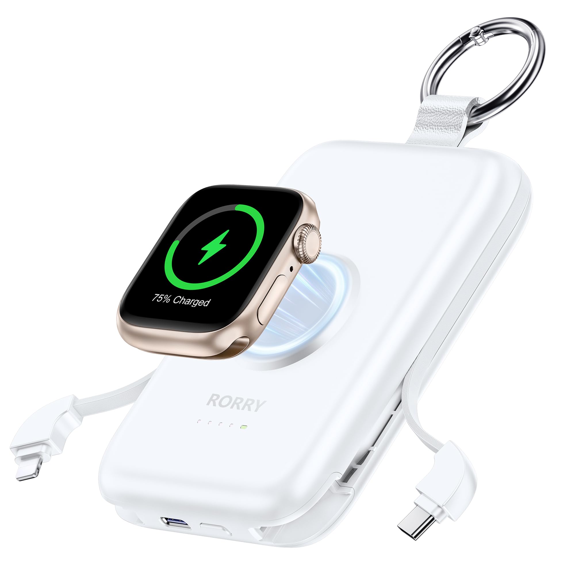 RORRY【進級プロ版 急速充電】アップルウォッチ 充電器 モバイルバッテリー 10000mAh 20W出力 ケーブル内蔵 ワイヤレス充電 軽量 小型 4台同時充電 磁気充電器 USB-C 急速充電