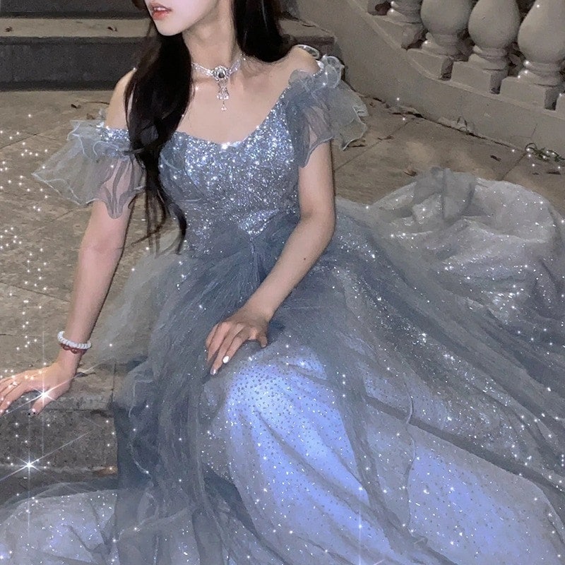 2枚購入で 3oo円FFイブニングドレススーパーブルー学生美術試験パフォーマンスドレショルダー気質花嫁乾杯ドレス