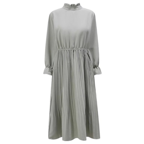 ワンピース フェミニンワンピース ロング丈 長袖 スタンドカラー デザイン ギャザー 美ライン ニュアンス プリーツ 伸縮性 軽やか カラバリ ロマンチック かわいい 大人可愛い きれいめ シンプル