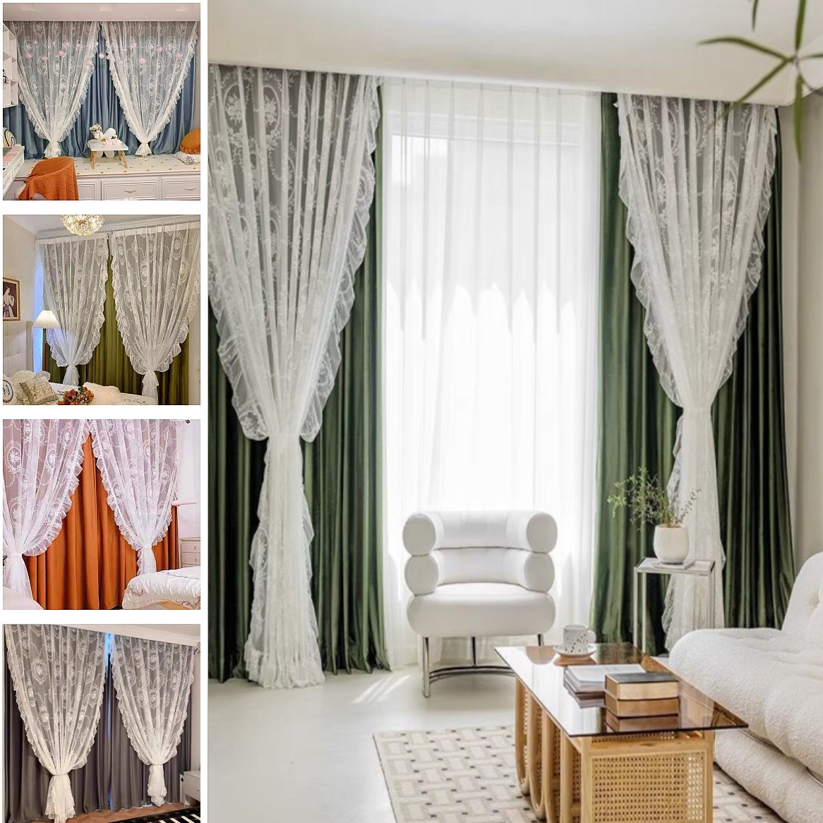 韓国ファッション 遮光カーテン+レース２枚組 断熱 無地 遮光 防音 省エネ レースカーテン UVカット 5,399円