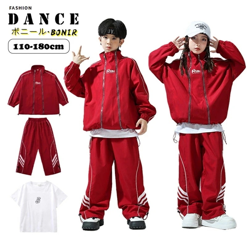 キッズ ダンス衣装 ヒップホップ 赤 セットアップ 長袖 トップス 女子 男子 トレーナー ファスナー ハイネック ウインドブレーカー ゴム裾 韓国 Y2K スポーツウエア ジャージセット 110-1