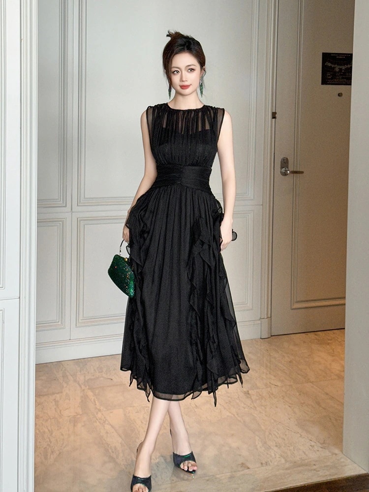 夏新品 シフォンワンピース シワ ノースリーブ ドレス パーティー キャバ 大人 同窓会 披露宴 卒業式 結婚式 演奏会 ウェディング 二次会