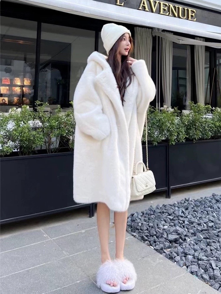 Taoge ピンクのフード付き毛皮コート高級イミテーションミンクファー緩い厚みのあるミドル丈コート女性秋冬