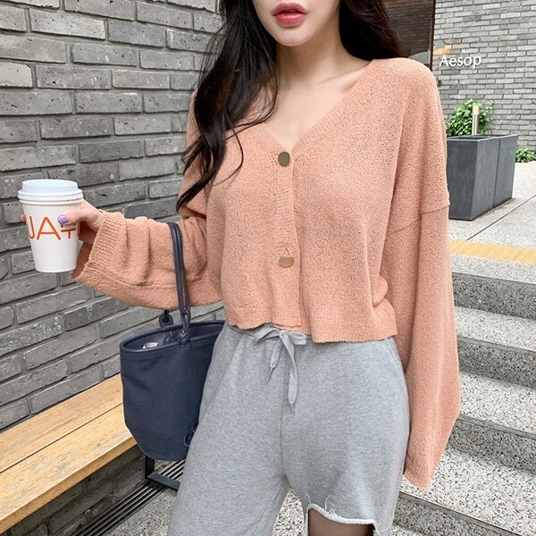 トップス ルームウェア ニットソー セーター カーディガン ミニ ミニ丈 ショート ショート丈 袖あり 長袖 ドロップショルダー Vネック 前開き 薄手 かわいい 大人可愛い シンプル カジュアル
