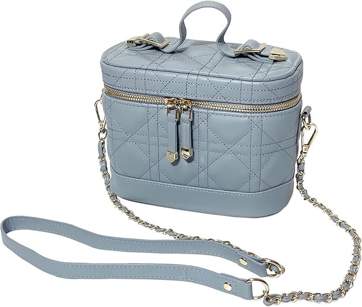 バニティバッグ ショルダー キルティング メイク コスメ 化粧ポーチ 大容量 軽量 持ち運び 3Way 自立 コスメバッグ 可愛い おしゃれ 化粧道具 (ブルー)