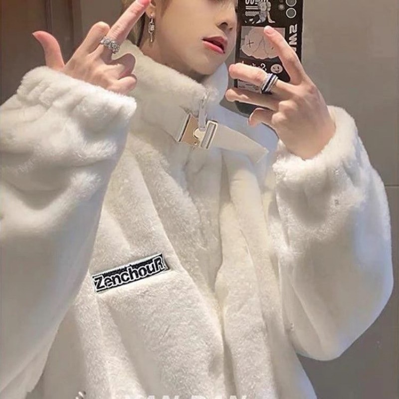 男性と女性のための冬綿服大きいサイズのスタンドカラータイダイレッキスウサギのぬいぐるみコート暖かい厚みのあるレザージャケット