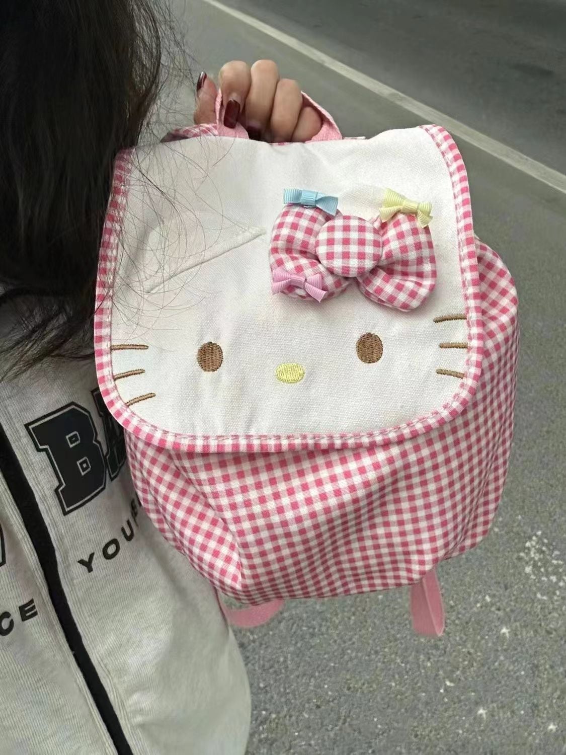 超目玉セール[新年-配達料無]絶版HelloKitty親友シリーズスクールバッグサンリオピンク格子リボンおしゃれ少女トートバッグ