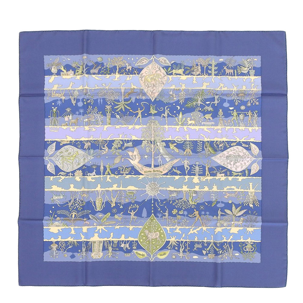 カレ90 River fertiles 肥沃な川 スカーフ シルク 青 レディース 中古品 A+ランク