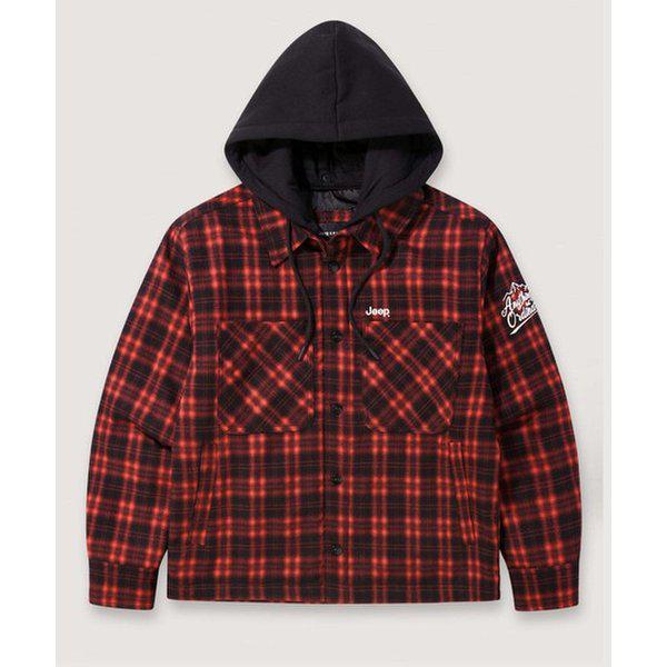 JQ4SHU301 レッド 男女共用 アメリカン ベア オンブレ チェック パディング フード付きシャツ