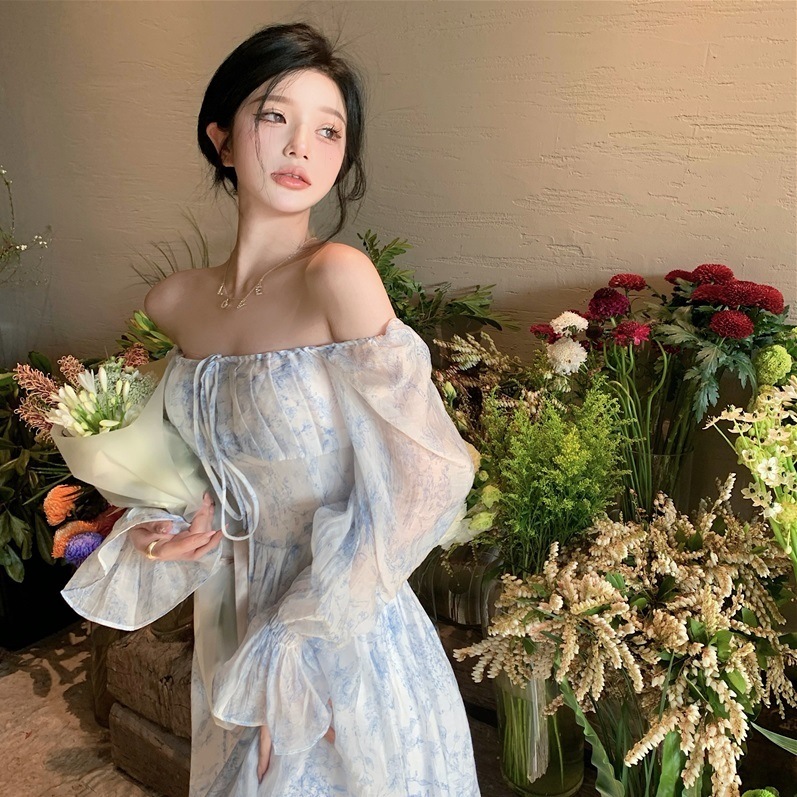 レディース 水彩 フラワー オフショル シフォン ワンピース ドレス リボン 2WAY スクエアネック キャンディースリーブ シースルー お呼ばれ フォーマル パーティー 大人可愛い ママコーデ ママ