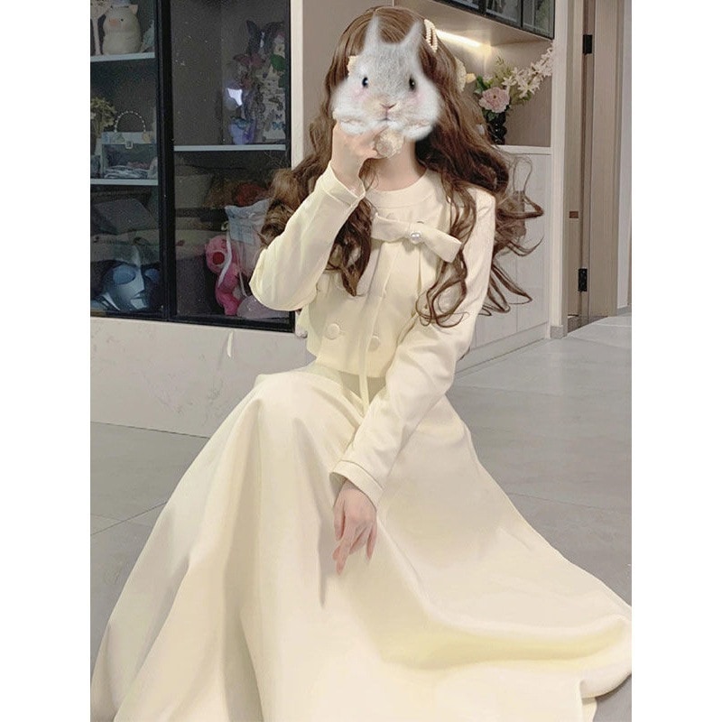 女性のためのリッチなレディ衣装スーツ フレンチシャネル風 ボウコート ハイウエスト スリム マキシスカート