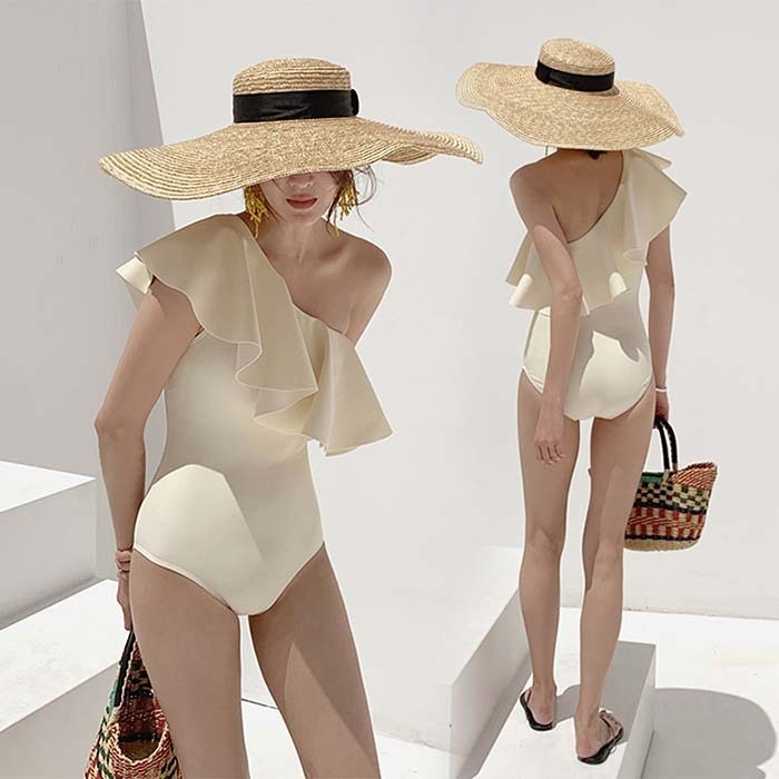 水着 レディースフリル ビキ二 ワンピース ワンショルダー オフショルダー 無地 シンプル イエロー セクシー 人気きれいめトレンド かわいい セット 体形カバー海 プール ビーチ 盛れる
