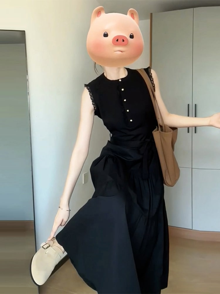 黒いワンピース子女夏2025新モデルのフランス式へップバーン風のa字の袖がなくて長いスカート夏のとても美しい小さい人