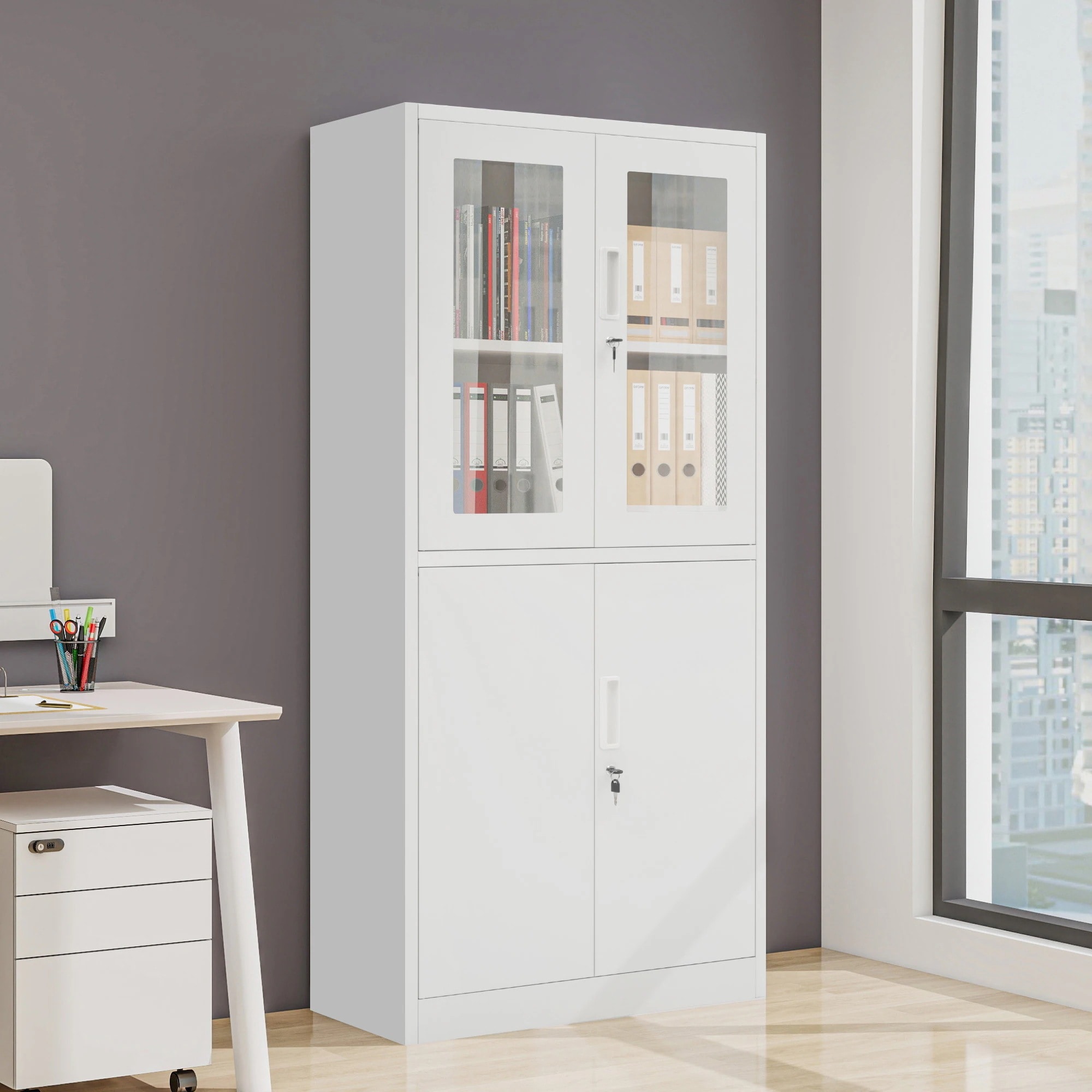 【最短即日出荷】スチール書庫 両開き書庫 書類保管庫 高さ180cm 保管庫 収納 オフィス 業務用 書庫 おしゃれ キャビネット スチールキャビネット ベース付き 可動棚 A4対応-55