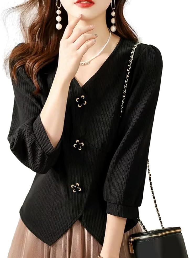 デザインボタントップス 7分袖 襟なし ファスナー付き V字裾カット スタイリッシュ 服 六分袖 春用 抜け感 秋 甘可愛い シック 大きいサイズ 素敵 癒し (ブラック, 2XL)