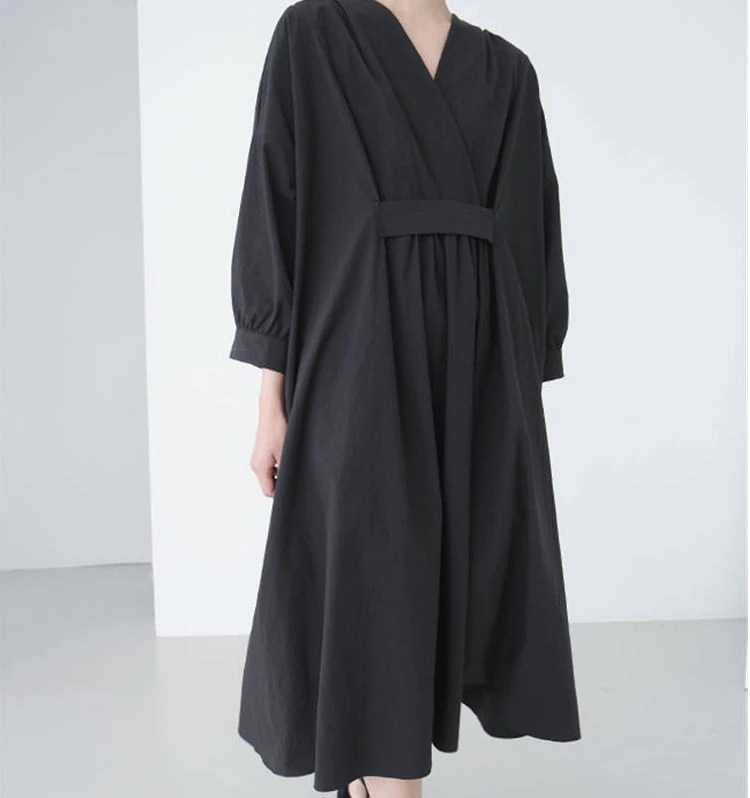 Vネック ロング丈 ワンピース カシュクール ゆったり ボリューム ルーズウエスト 長袖 Aライン かわいい 大人可愛い きれいめ シンプル カジュアル 大人 上品 おしゃれ お洒落 かっこいい lo