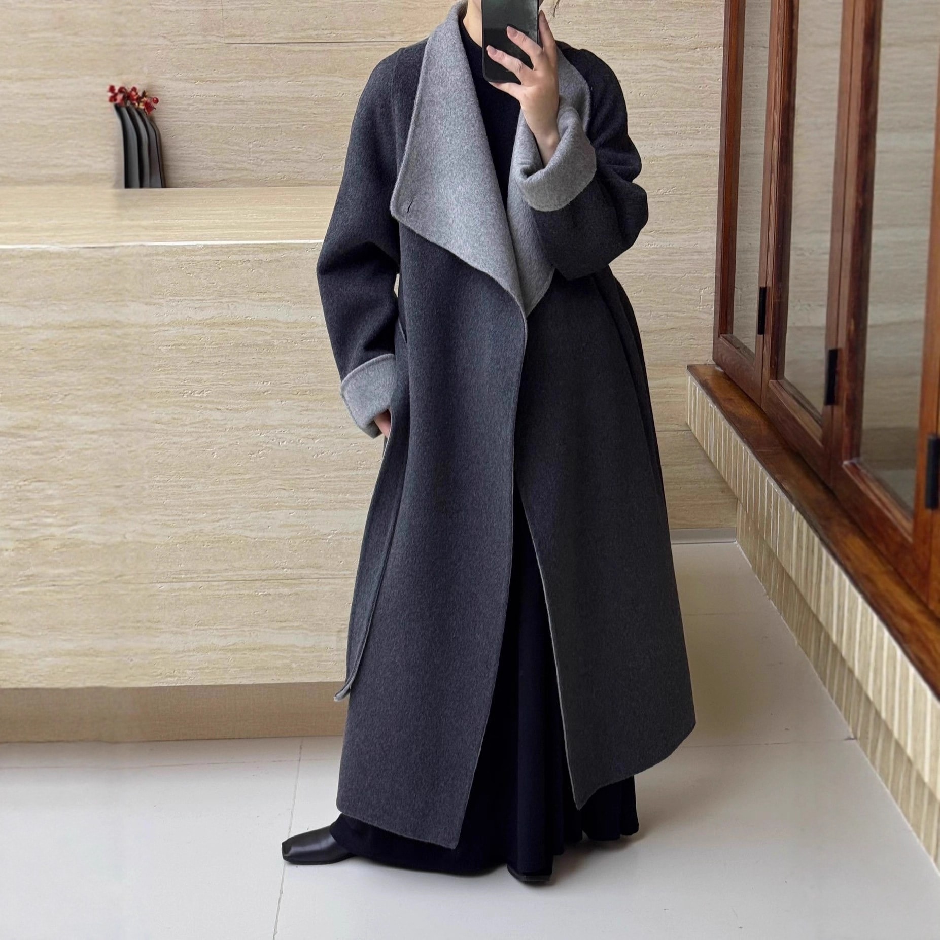 2025年新作 両面ツートンカラー タイウエスト カシミア 韓国風 ロング丈 ルーズフィット 厚手 暖かい ウィンドブレーカー