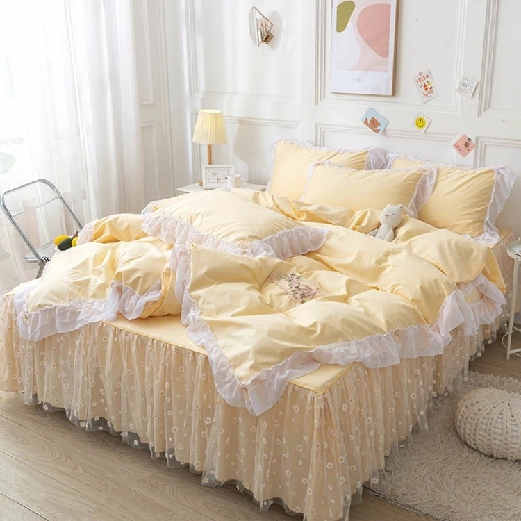 布団カバーセット 花柄 フリル 姫系 レース オシャレ 掛け布団カバー 3点セット 4点セット 寝具カバーセット 綿100％ イエロー 通気性 速乾 防ダニ 洗濯可 敷きカバー ベッドスカート ロマン