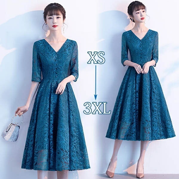 パーティードレス 袖付き 大きいサイズ Vネック ファスナー エレガント 結婚式 親族 母親 フォーマル 小さいサイズ ワンピース 20代 30代 40代 発表会 演奏会 XS/S/M/L/XL/2X