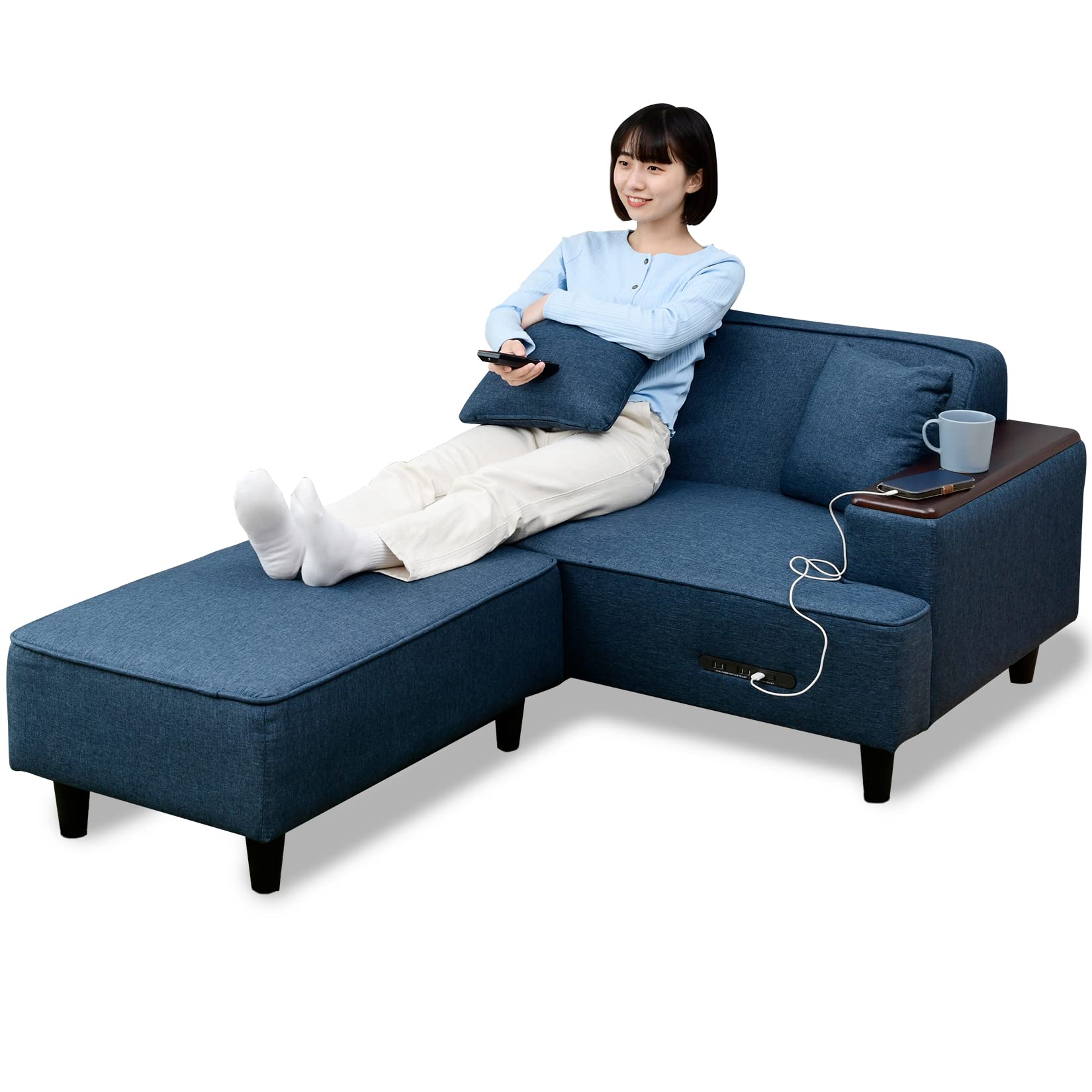 山善(YAMAZEN) ソファ (カウチソファ) 2人掛け 木製肘掛け/2口コンセント/USBポート/クッション2個付き ロボット掃除機が通れる レイアウト自由 幅110 オットマン かんたん組立 30,935円