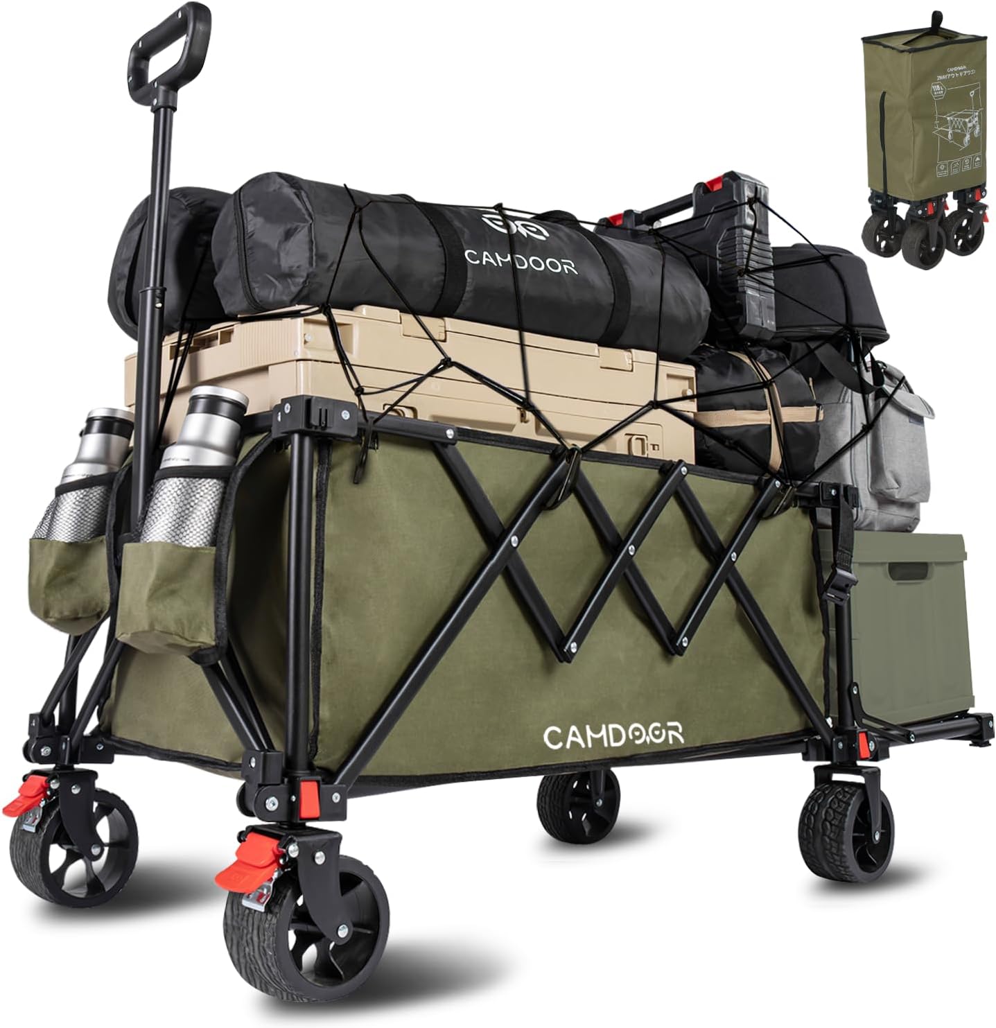 CAMDOOR 後ろ開け キャリーワゴン 長物対応【3秒で収納·大容量·超軽量】アウトドアワゴン 軽量 静音 キャンプカート 大容量240L 耐荷重120kg コンパクト自立収納 キャリーカート