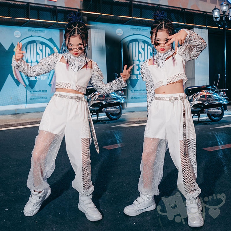 キッズダンス衣装 ヒップホップ 女の子 キラキラ 長袖トップス 白 ロングパンツ　メッシュ 2点セット へそ出し ガールズ HIPHOP K-POP ステージ衣装 練習着 演出服 舞台衣装 120-1