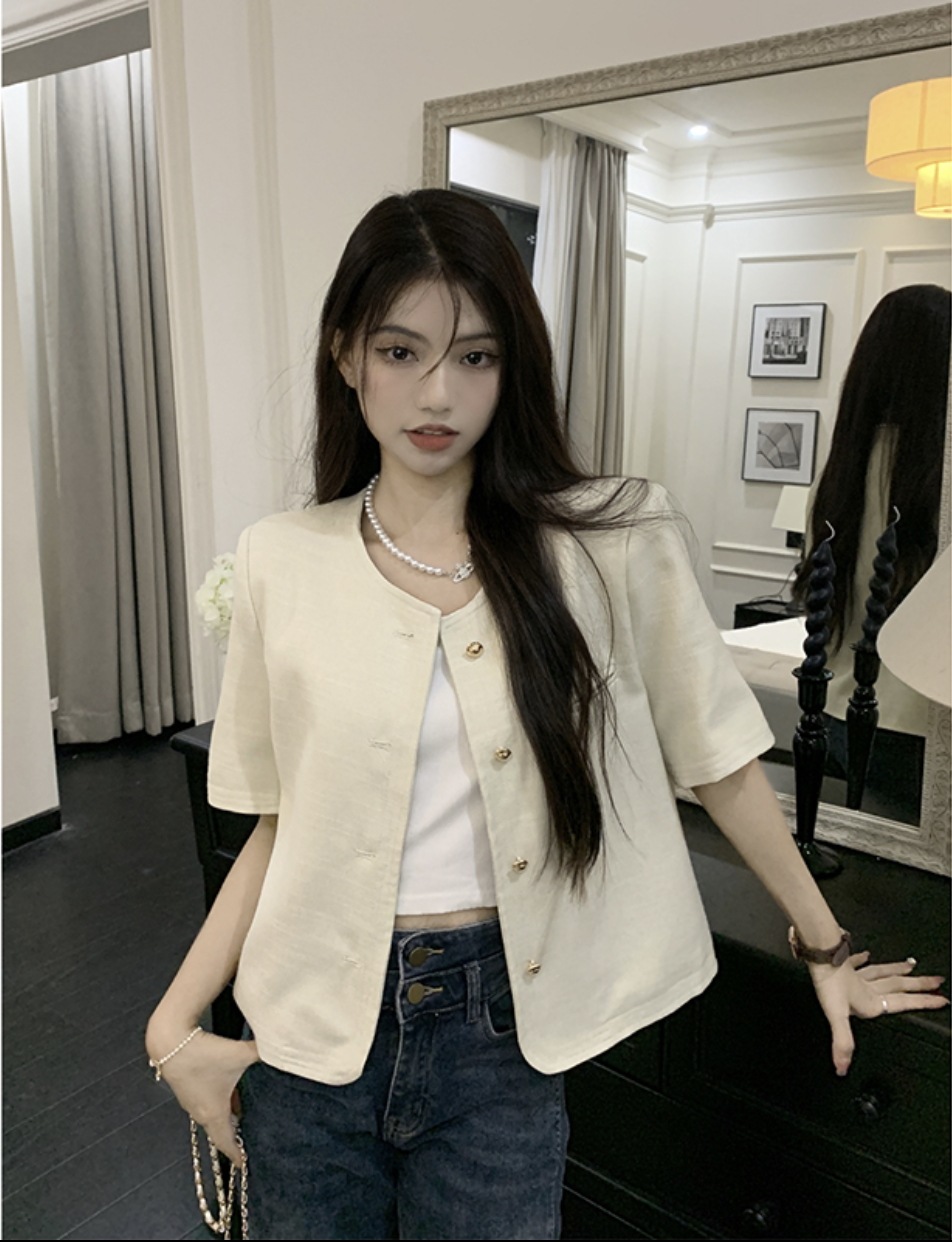 個性的 春 服 夏 服 2色 アウター スーツ ジャケット テーラード ノーカラー 袖あり 五分袖 Uネック ラウンドネック 襟なし ノーカラー ストレート BIGシルエット ポケット 羽織