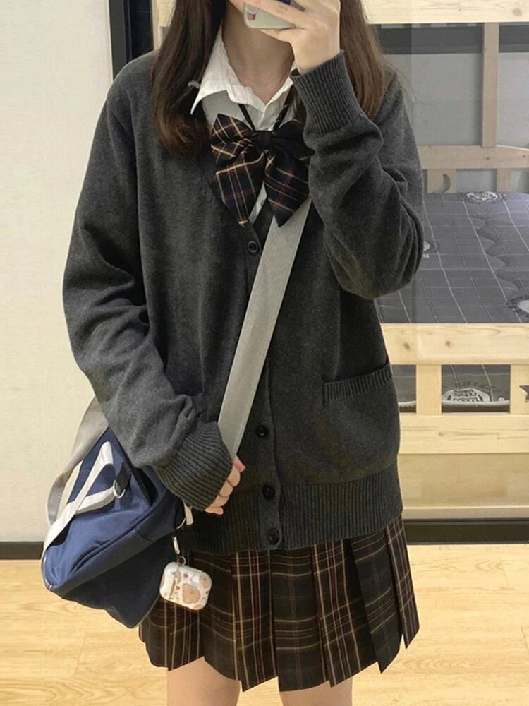 セーターカーディガンジャケット女性大学スタイル制服スクールセンスダークグレー長袖ニットト