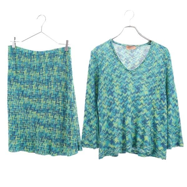 イタリア製 総柄 長袖 スカートスーツ 上下セットアップ 46/44 ブルー系 レディース