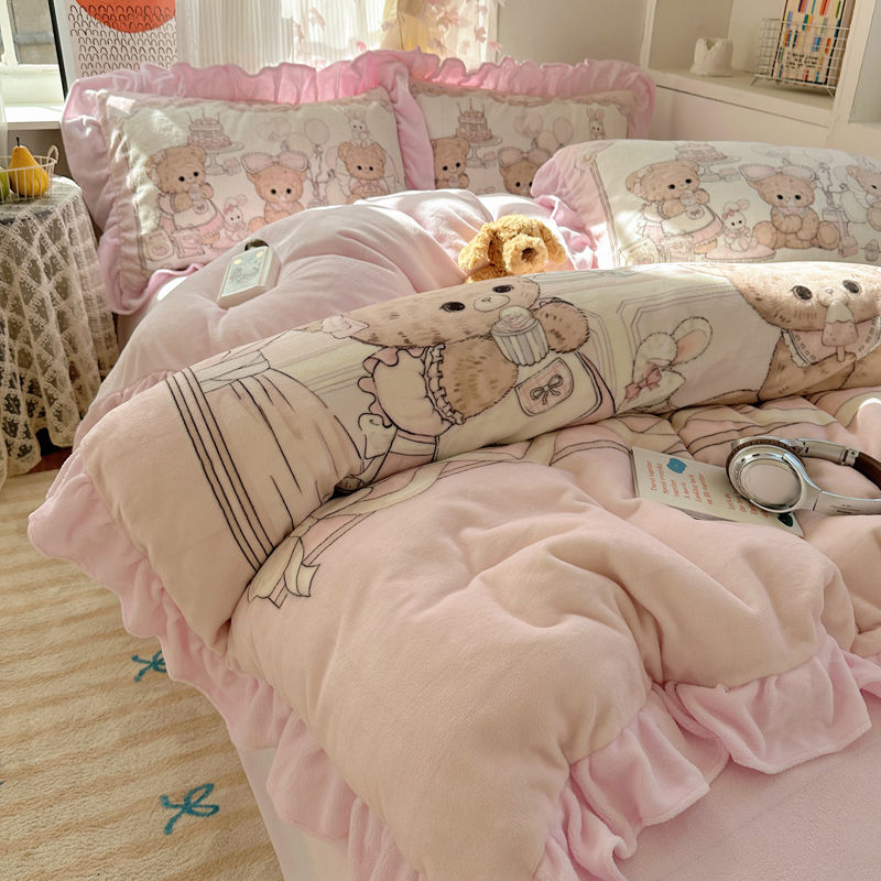 冬のプリンセス風ミルクレープベッドにコーラルフランジウールベッド4点セット乙女布団カバーシーツ3点セット