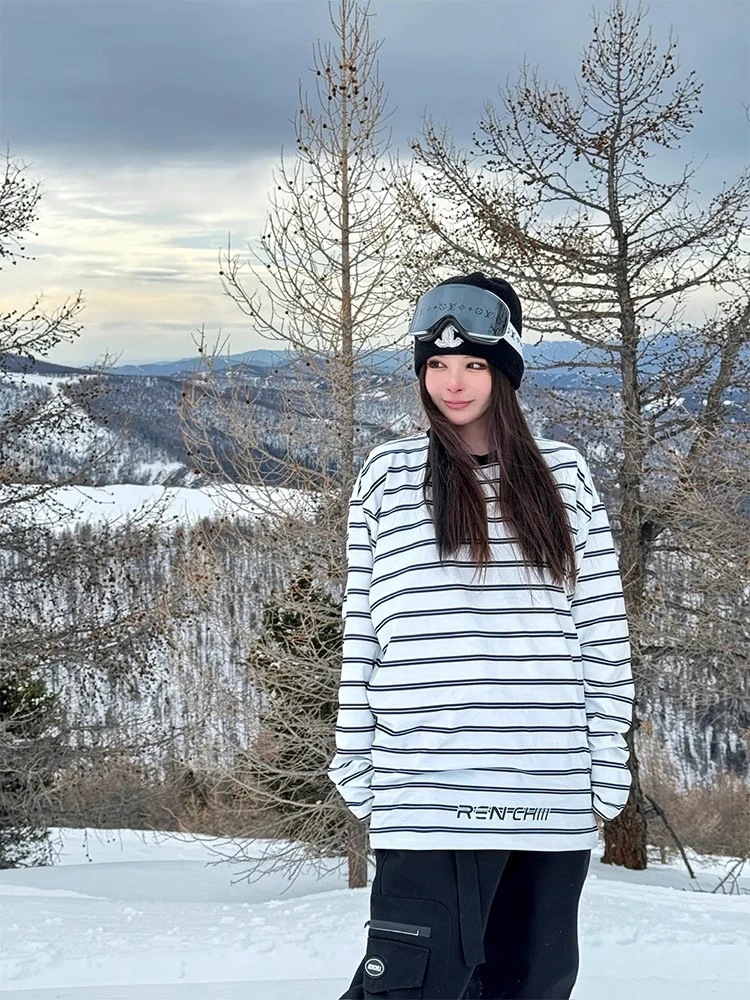 スノーボードウェア 2024 2025 単品 レディース メンズ トップス スウェット パーカー 黒白 ストライプ ゆったり スノボー スキーウェア スノボウェア 韓国風 防水 防寒 防雪 保温 防風