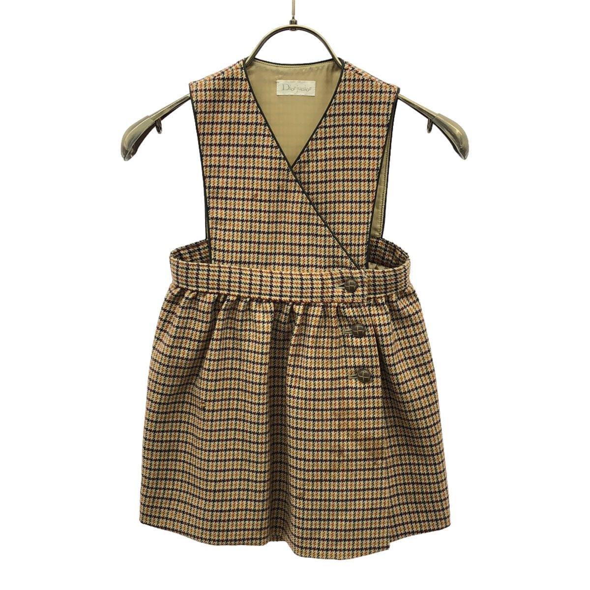 日本製 千鳥格子柄 カシュクール ジャンパースカート 100A ブラウン系 裏地付き Diorjunior キッズ 古着