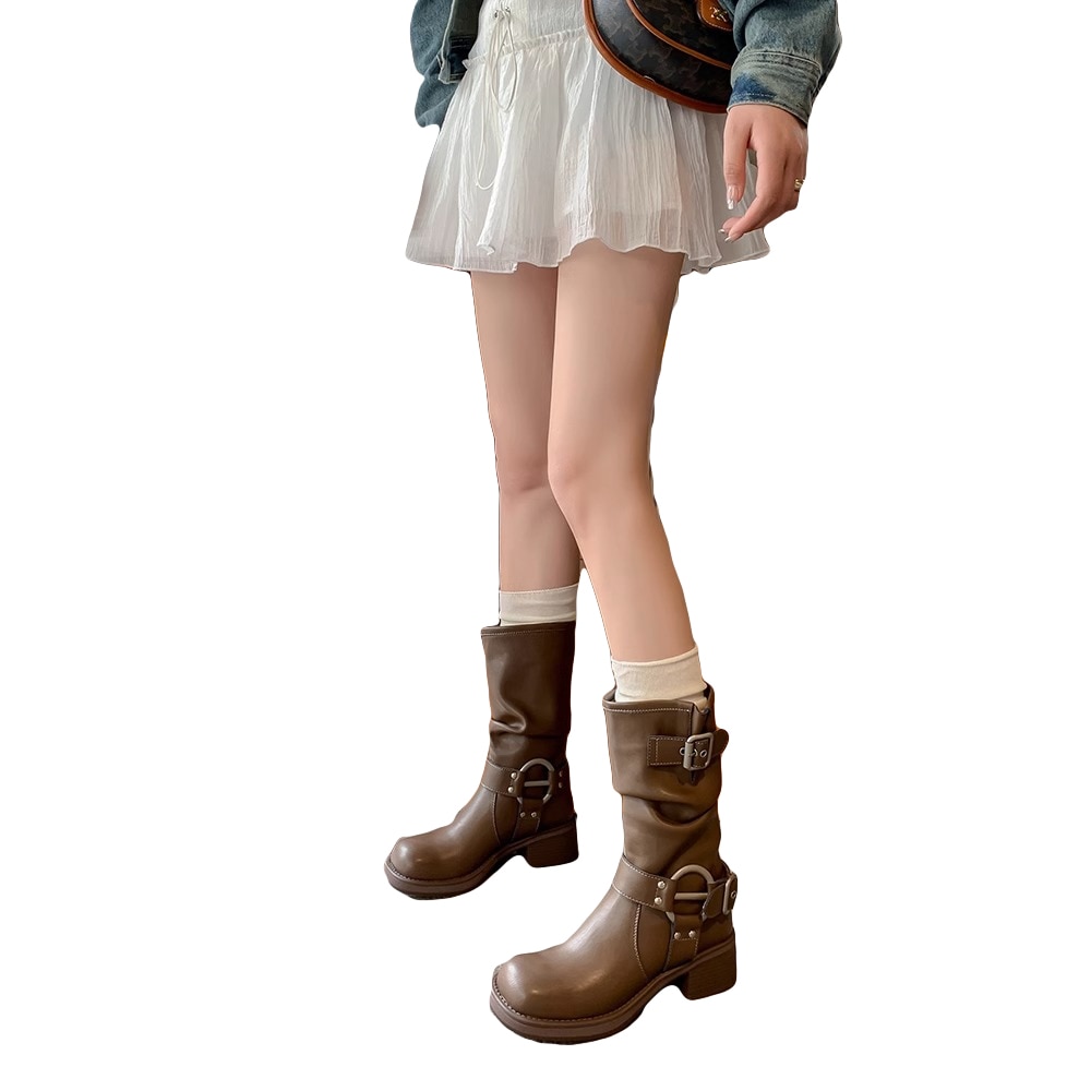 キャザーブーツ ミディアム丈ブーツ レディース バックル付き 美脚 靴 シューズ 22.5-25cm 秋冬 6,003円