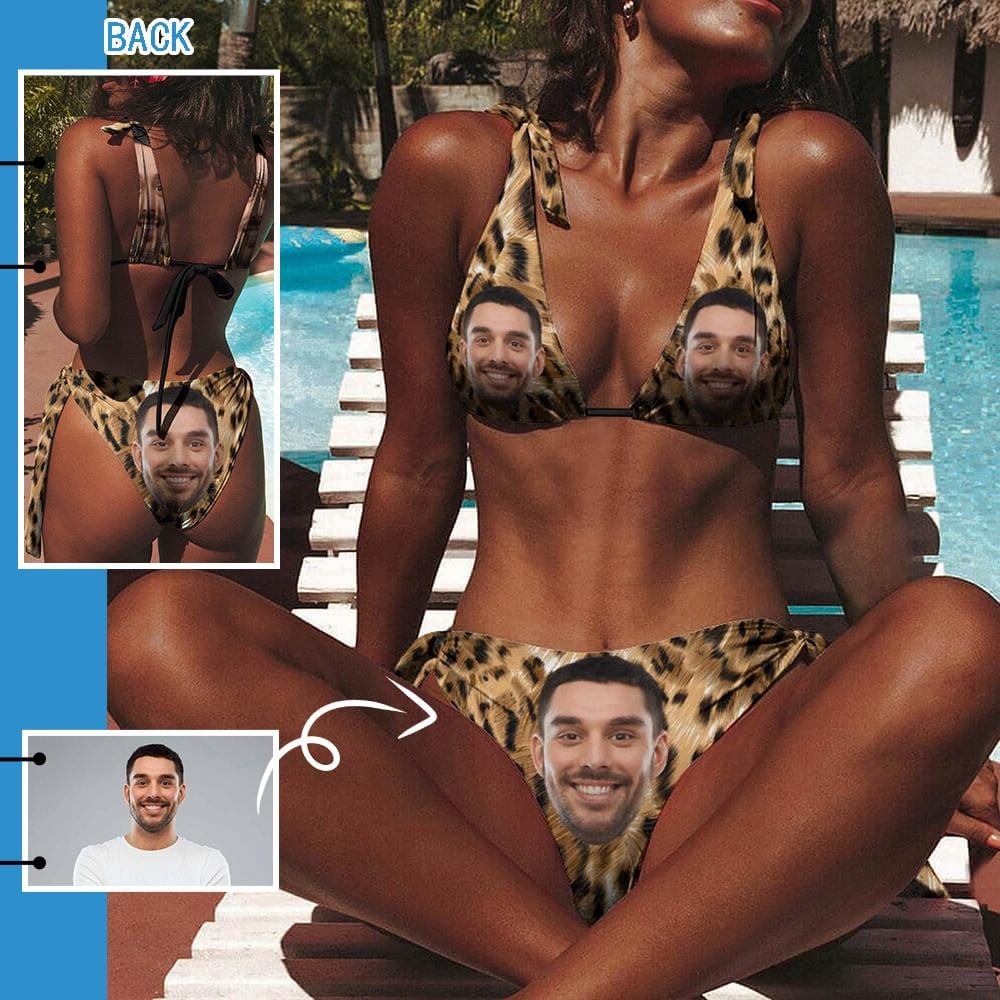 女性のためのパーソナライズされた三角形のビキニ,ツーピースのヒョウ柄の水着,深いVネック,弓付きのロ