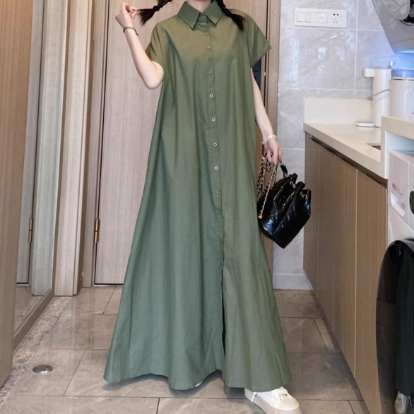 レディース ワンピース シャツワンピ ロング マキシ 半袖 角襟 ワイド セミフレア オーバーサイズ 裾ワイド ボタン ギャザー かわいい 大人可愛い シンプル カジュアル おしゃれ ラフ 個性的