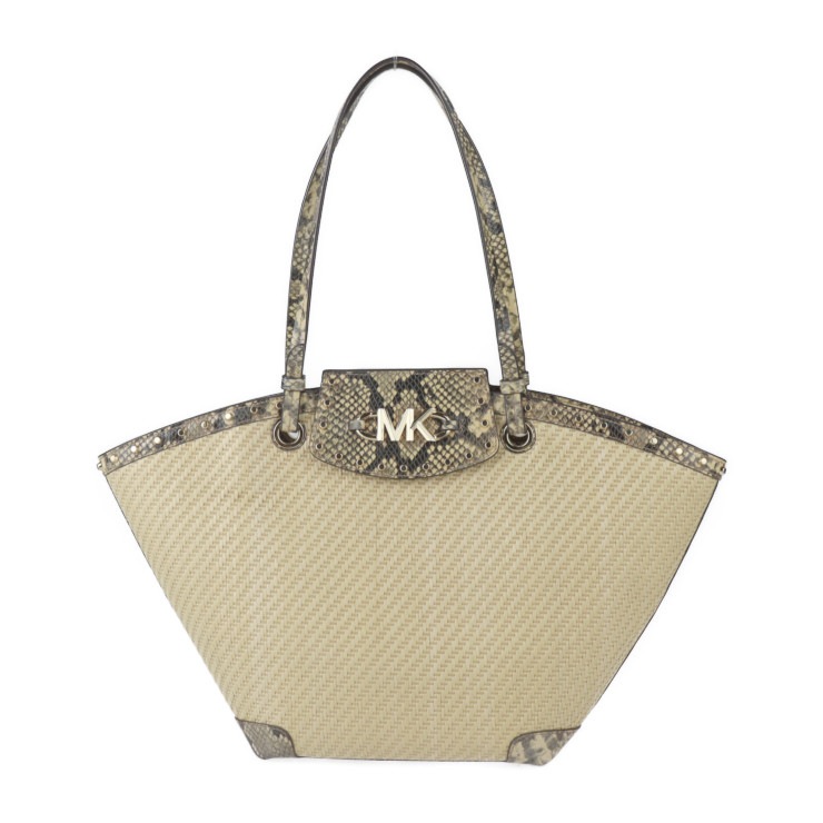 美品 Michael Kors マイケルコース トートバッグ 30T1GZYT8W Izzy Medium イジー ミディアム ストロー パイソン型押しレザー ナチュラル ゴー【本物保証】