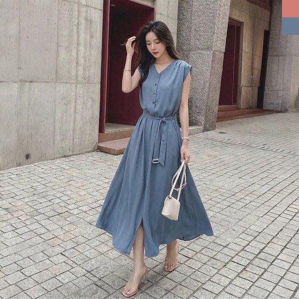女性Vネックシフォンベルトノースリーブロングワンピース DJW-OPA-SKAA9006W