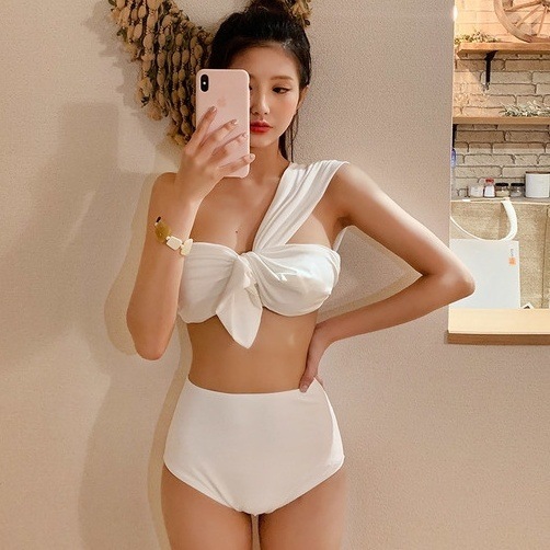 スイムウエア 水着 セパレート水着 ビキニ ワンショルダー 胸元 谷間 パッド付き ハイウエスト 可愛い かわいい 大人可愛い シンプル カジュアル 大人 おしゃれ お洒落 大人女子 こなれ感