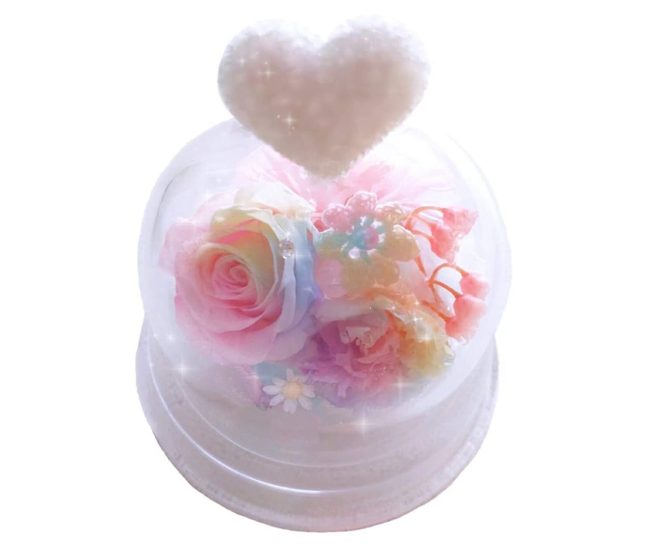 清純な貴方へパステルレインボーローズプリザーブドフラワーシュガーハートミニミニドームアレンジメント