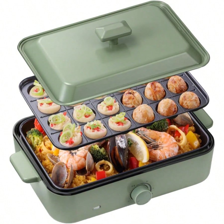 ホットプレート たこ焼き器 電気 コンパクト シンプル プレート2種 一人用 ラクラクお手入れ おしゃれ 最大250℃ 無段階調整 たこ焼きプレート 平面プレート グリーン MHP120LT01GR
