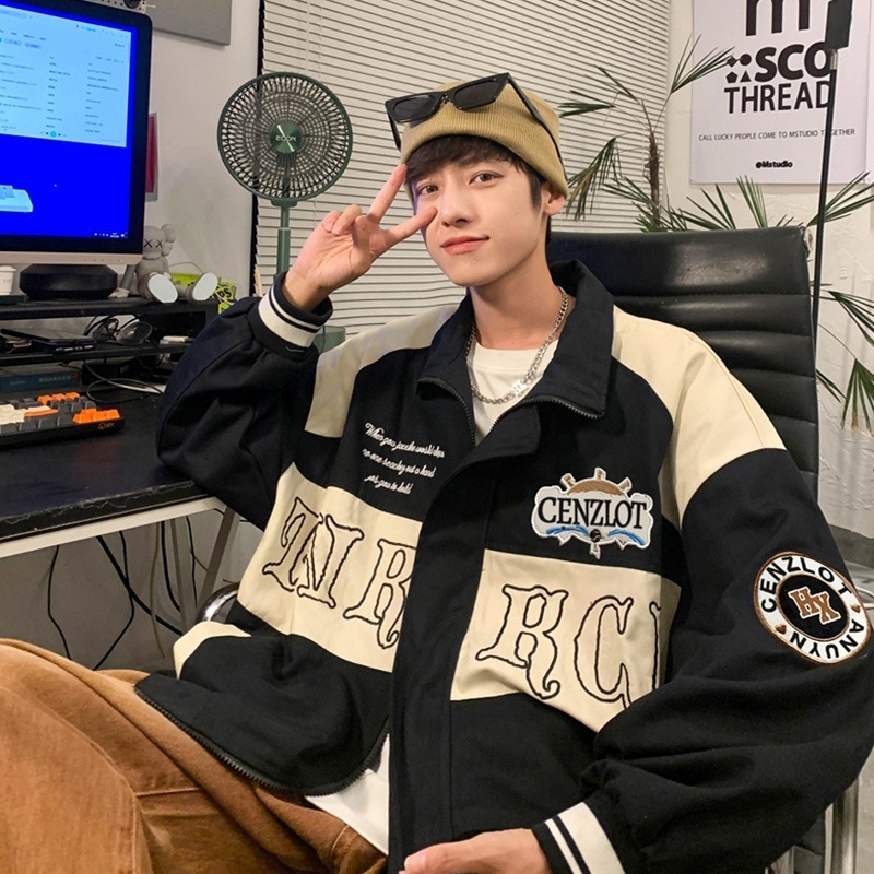 アメリカンレトロ刺繍ジャケットメンズ春春デザインセンススプライシング潮ハイストリートベースボールジャケット