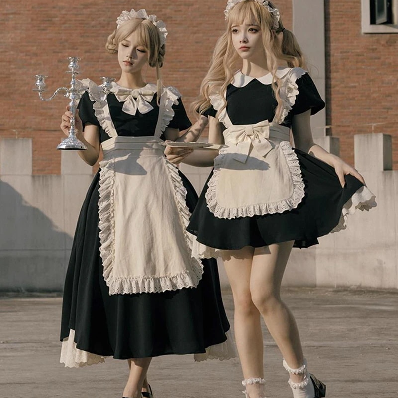 【快速出荷】メイド服 ロング ミニ丈 コスプレ クラシカルロリータワンピース 半袖 夏 かわいい レトロ ドレス ゴシック 宮廷 パフスリーブ コスチューム
