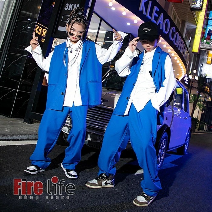 ダンスウェアセール キッズ ダンス衣装 子供服 ヒップホップ ブルー スーツベスト ロングパンツ キッズ服 ダンスウェア セットアップ韓国 派手 カジュアル ダンス発表会 個性的 男の子 女の子 12