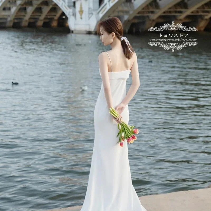 キャミワンピースウェディングドレスブライダル結婚式二次会前撮りホワイト花嫁スレンダーライン白ロングドレス披露宴パーティードレス演奏会